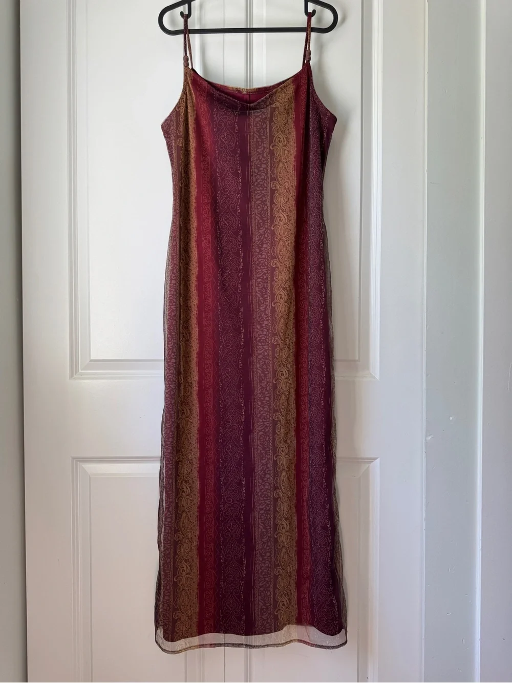 Vintage Y2K Boho Maxi Slip Dress Burgundy Gold Damask Scroll Stripe Mesh Size M - Picture 2 of 12